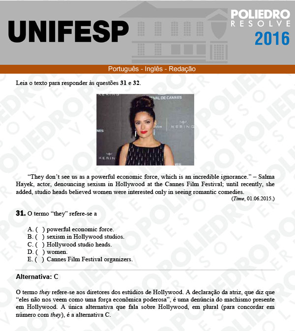 Questão 31 - Línguas - UNIFESP 2016