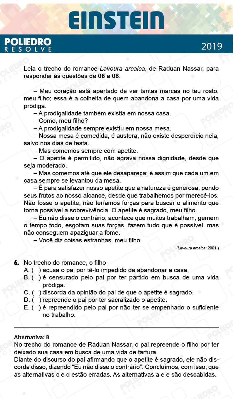 Questão 6 - Fase única - EINSTEIN 2019