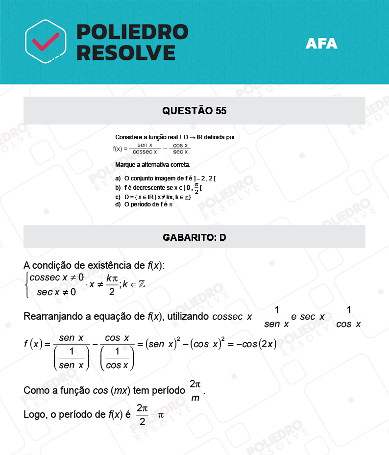 Questão 55 - Prova Tipo A - AFA 2022