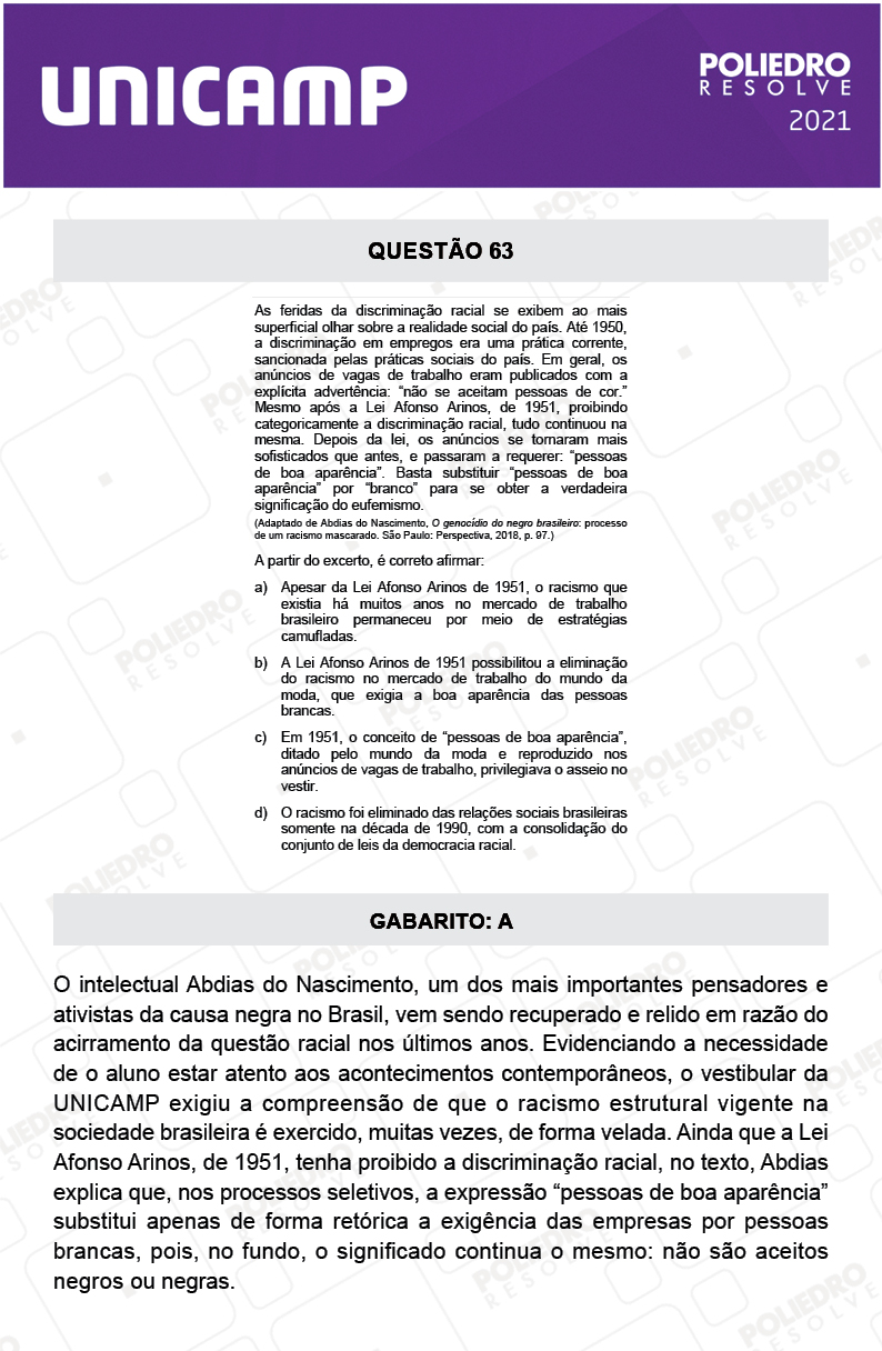 Questão 63 - 1ª Fase - 1º Dia - E e G - UNICAMP 2021