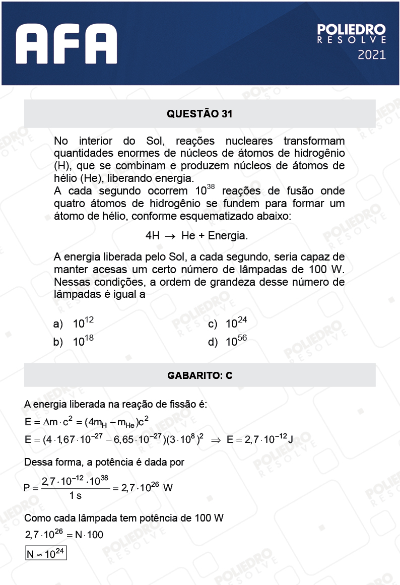 Questão 31 - Prova Tipo A - AFA 2021