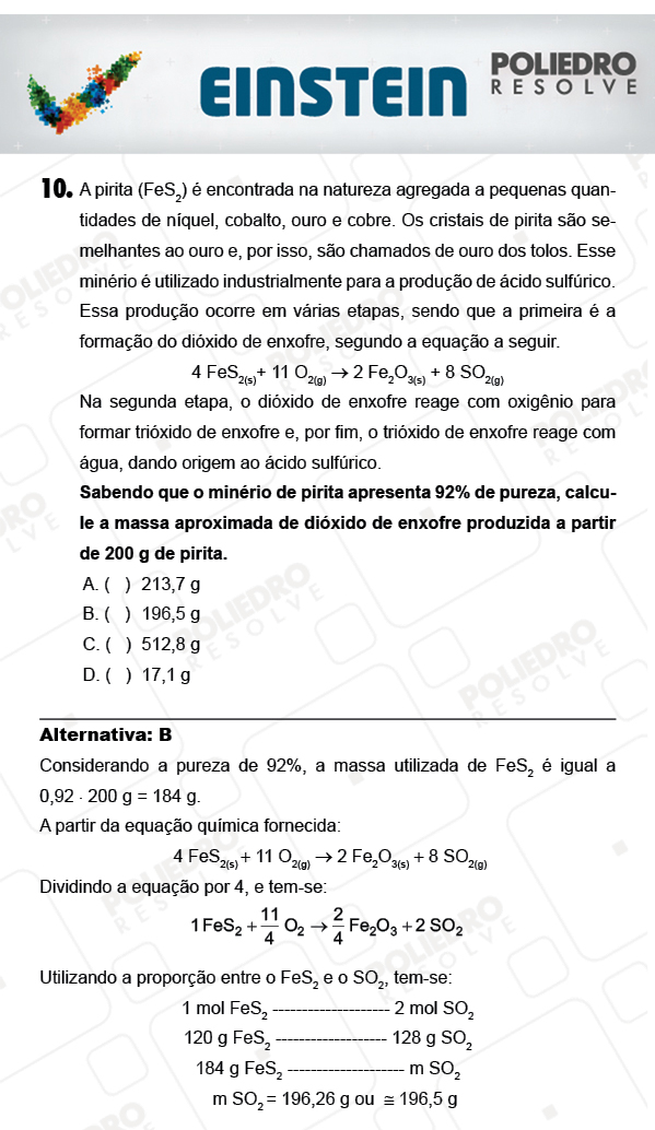 Questão 10 - 1ª FASE - EINSTEIN 2018