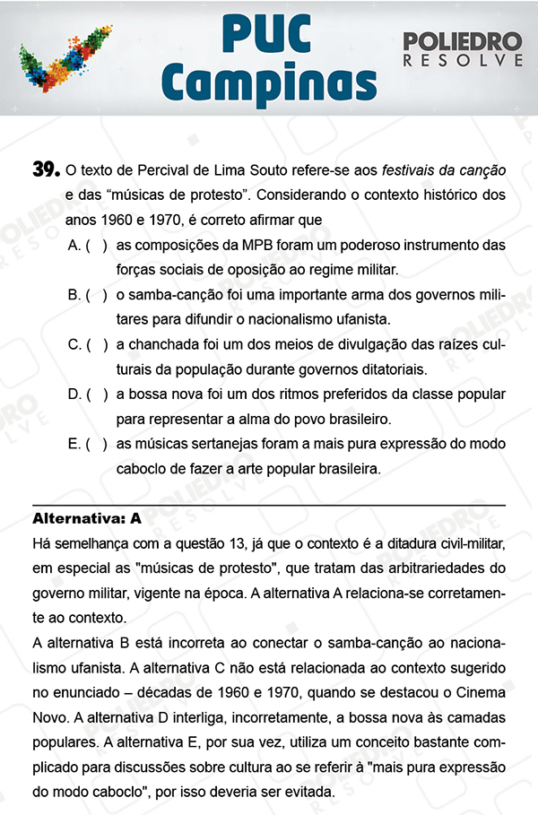 Questão 39 - 1ª Fase - Prova Verde - PUC-Campinas 2018