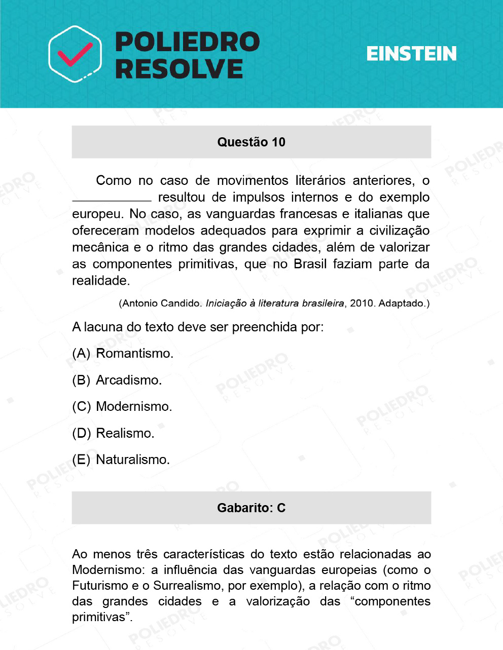 Questão 10 - Fase única - EINSTEIN 2022
