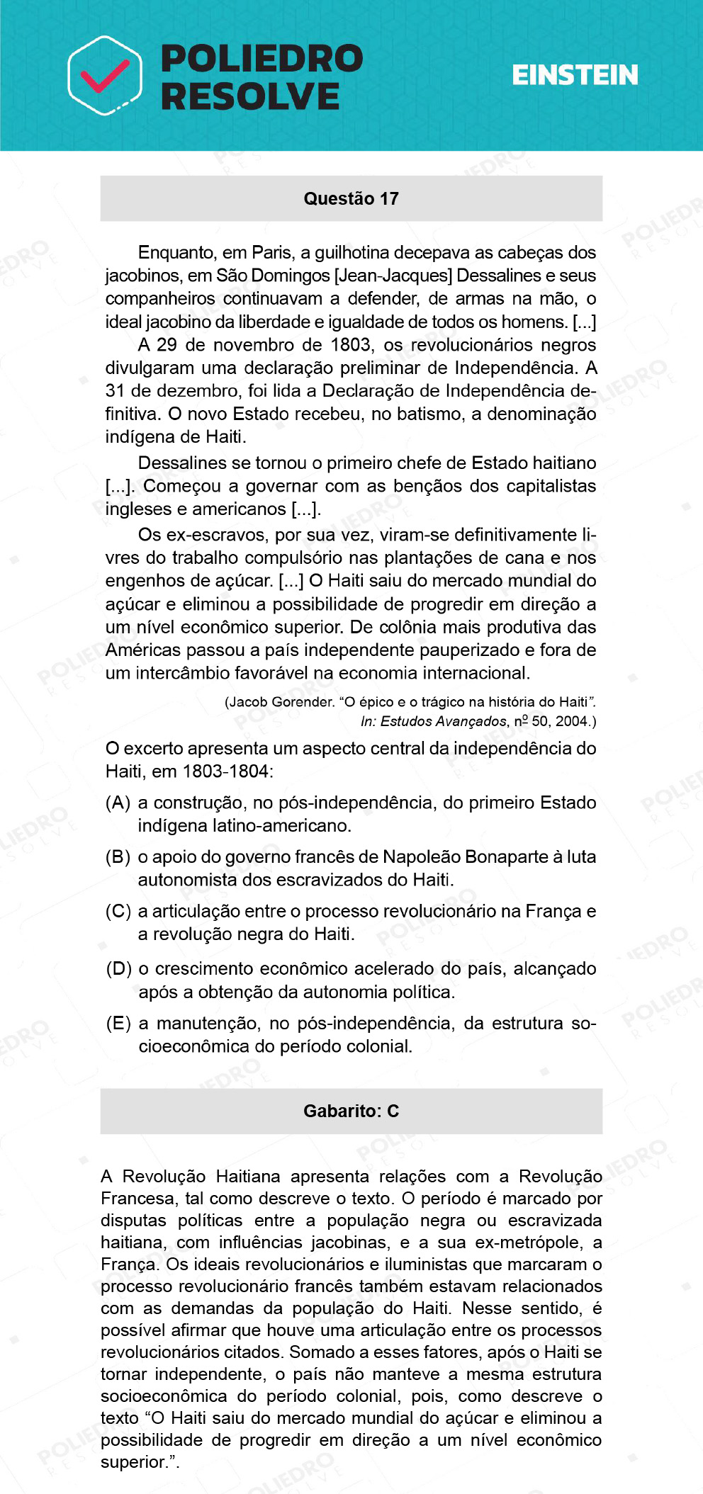 Questão 17 - Fase única - EINSTEIN 2022