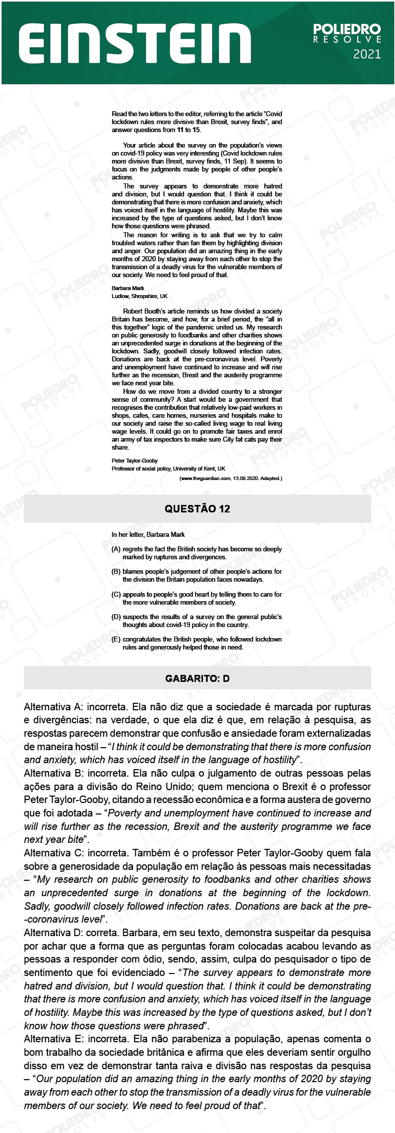 Questão 12 - Fase única - EINSTEIN 2021