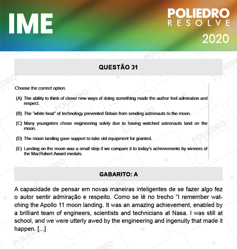 Questão 31 - 2ª Fase - Português/Inglês - IME 2020