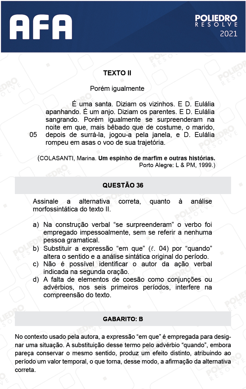 Questão 36 - Prova Tipo A - AFA 2021