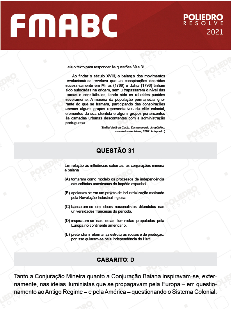 Questão 31 - Fase única - FMABC 2021