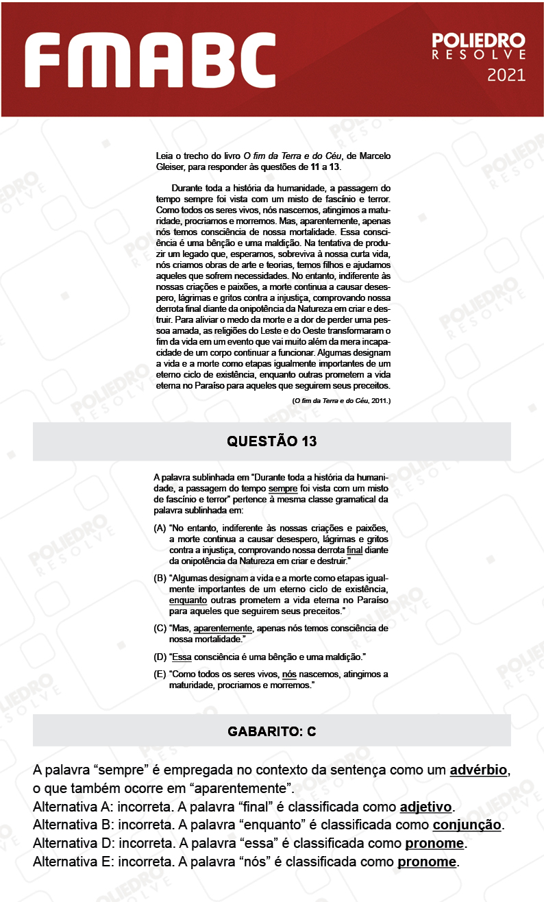 Questão 13 - Fase única - FMABC 2021