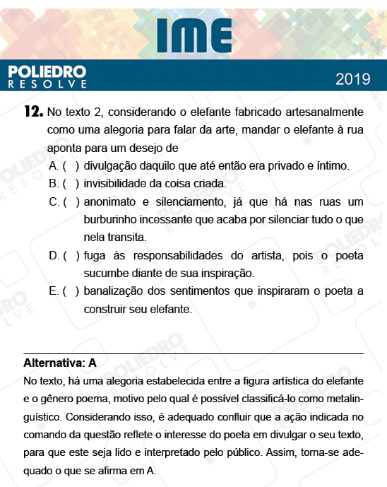Questão 12 - 2ª Fase - Português/Inglês - IME 2019