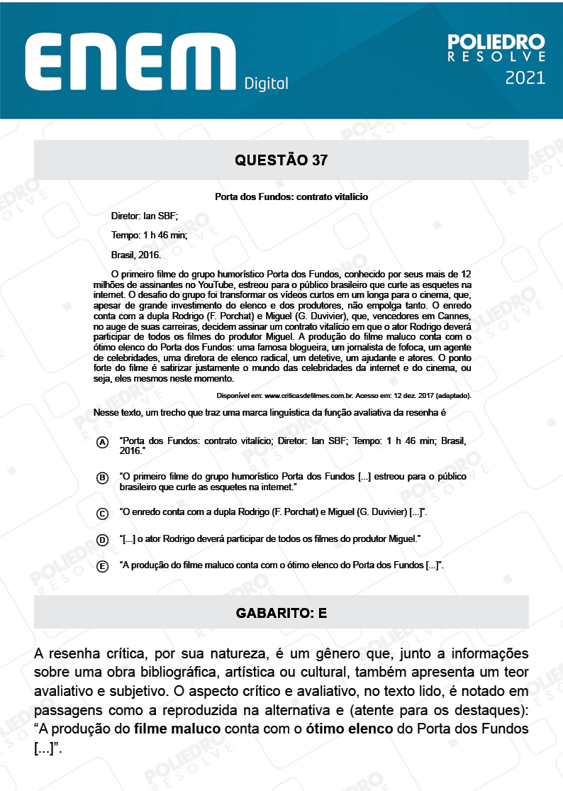 Questão 37 - 1º Dia - Prova Branca - Espanhol - ENEM DIGITAL 2020