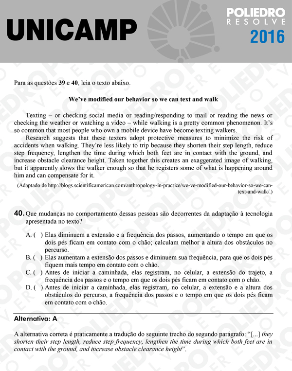 Questão 40 - 1ª Fase - UNICAMP 2016